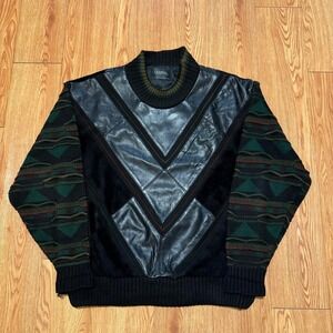Saxony Collection Men's Sweater Large 3D Knit Vintage Leather 90s Green